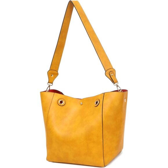 ⚡ Women's Yellow Large Leather Big Bucket Crossbody Travel Tote Bag - Picture 4 of 6